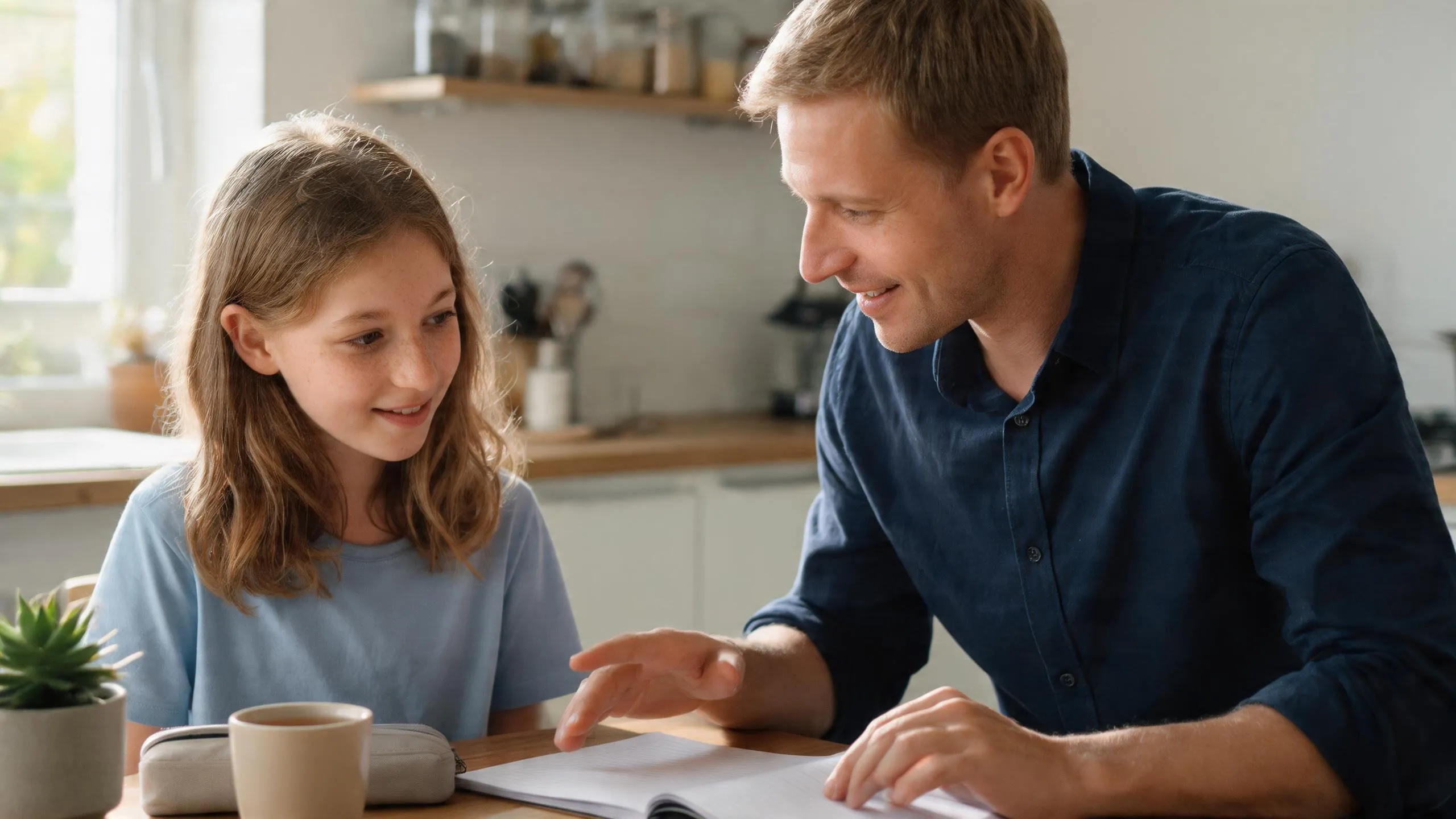 Ein Nachhilfelehrer sitzt neben einer Schülerin am Küchentisch und erklärt ihr eine Aufgabe im aufgeschlagenen Heft.