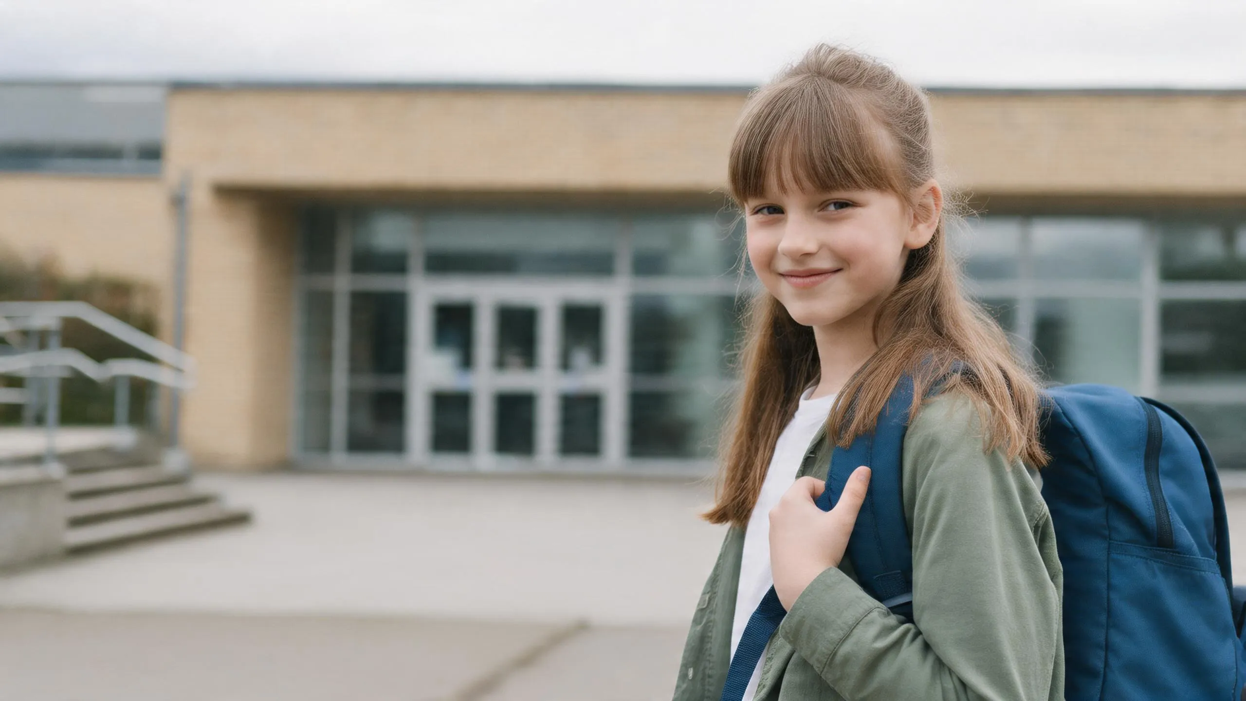 Eine Viertklässlerin mit Schulrucksack steht vor dem Eingang einer weiterführenden Schule.